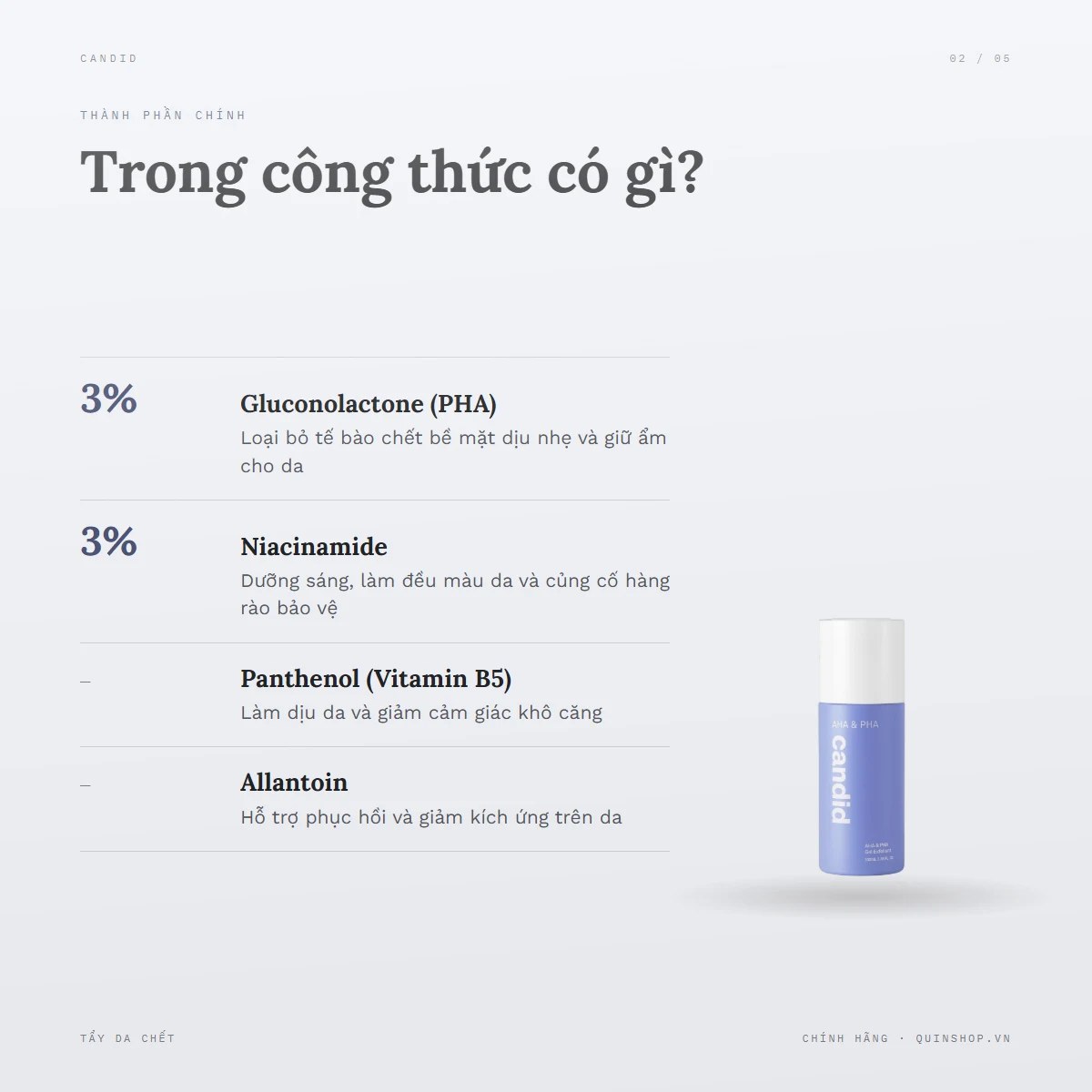 Tẩy Da Chết Candid AHA & PHA Gel Exfoliant — Bảng thành phần có gì đáng chú ý?