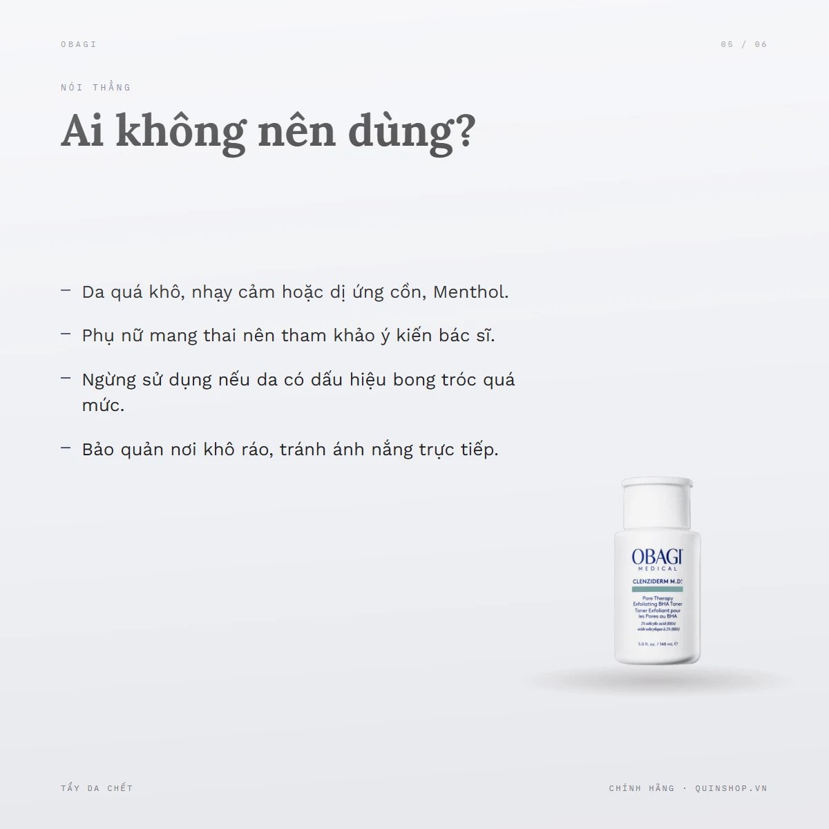 Tẩy Da Chết Obagi Medical Clenziderm M.D. Pore Therapy Exfoliating BHA Toner — Ai không nên dùng?