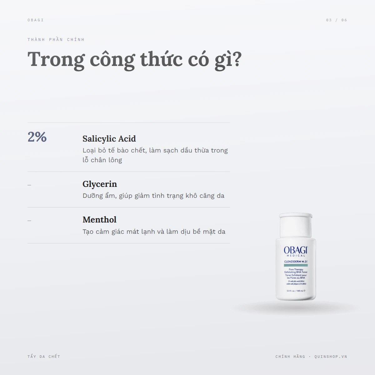 Tẩy Da Chết Obagi Medical Clenziderm M.D. Pore Therapy Exfoliating BHA Toner — Bảng thành phần có gì đáng chú ý?