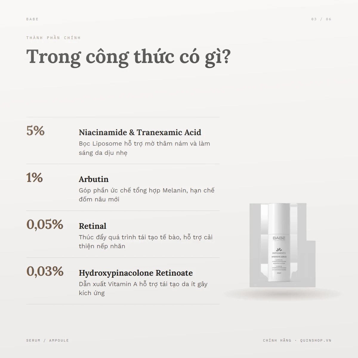 Tinh Chất Dưỡng Sáng Babe Laboratorios Depigment+ Intensive Serum 2 — Bảng thành phần có những hoạt chất gì nổi bật?