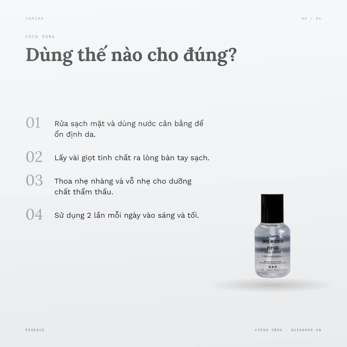 Tinh Chất Jumiso Snail Mucin 95 + Peptide Facial Essence 2 — Dùng vào buổi nào và bao lâu một lần?