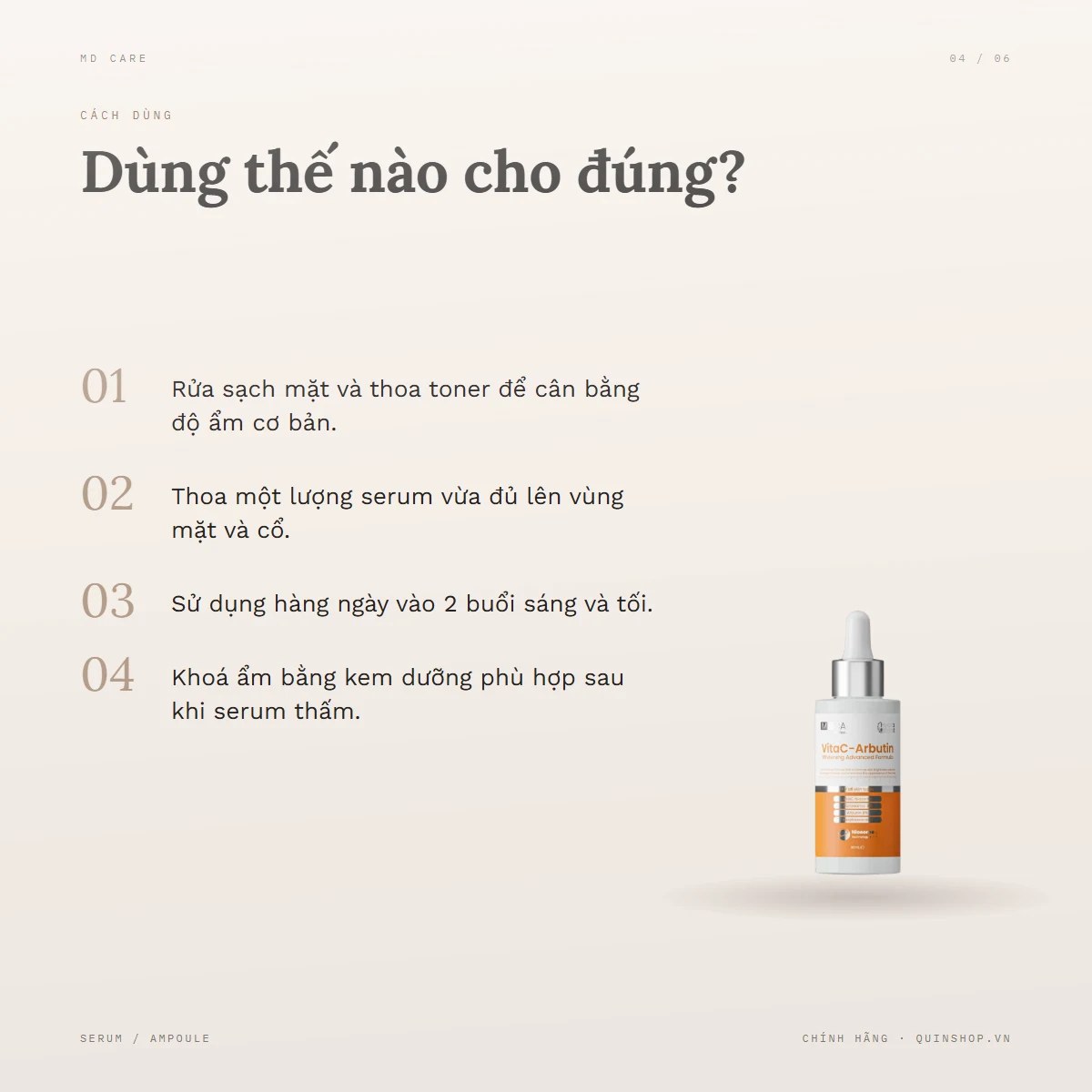 Tinh Chất MD Care VitaC Arbutin Serum Whitening Advanced Formula — Dùng vào buổi nào và bao lâu một lần?