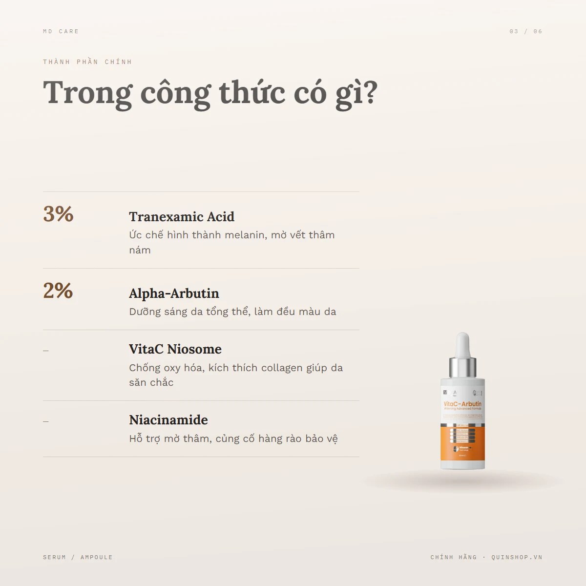 Tinh Chất MD Care VitaC Arbutin Serum Whitening Advanced Formula — Bảng thành phần có gì đáng chú ý?