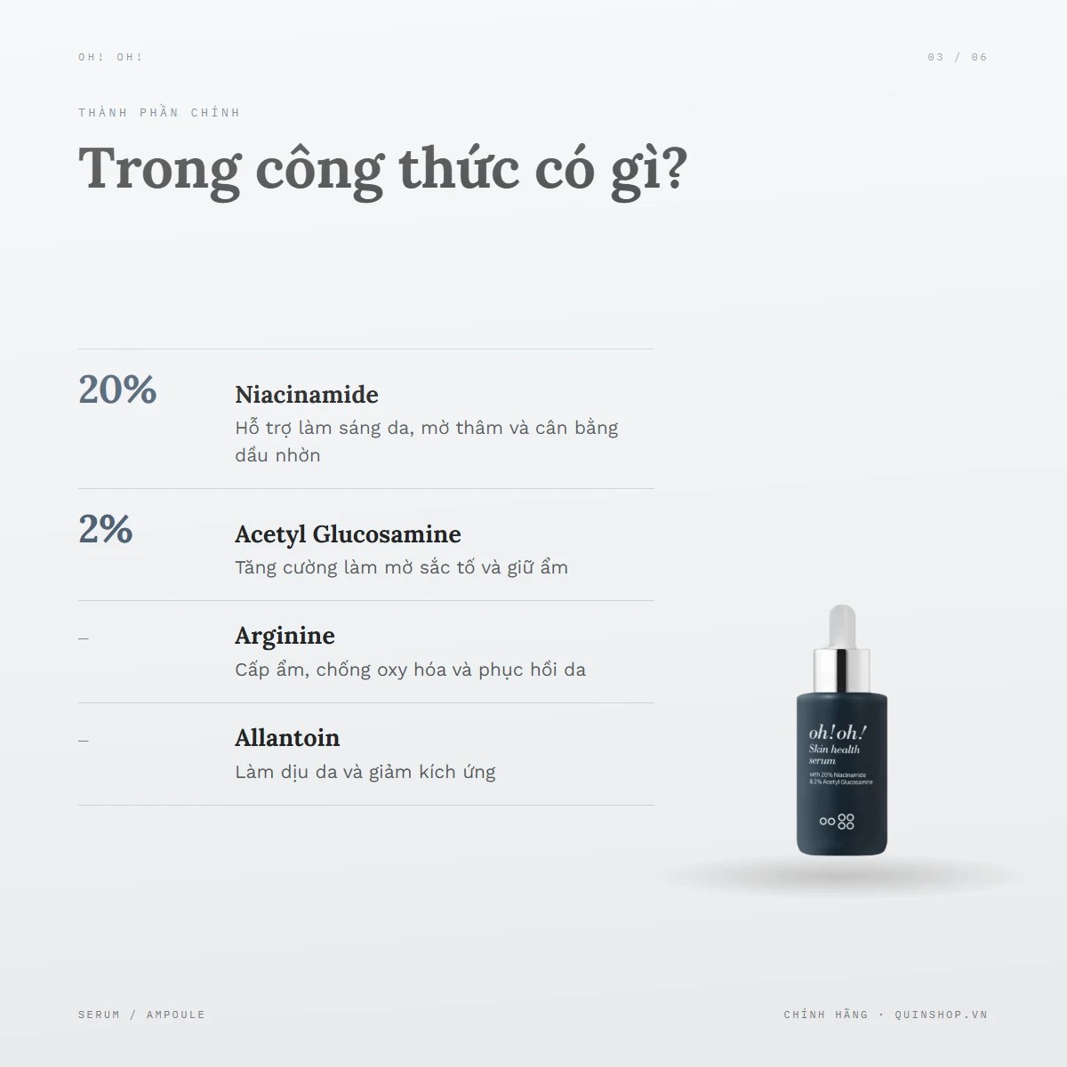 Tinh Chất Oh! Oh! Skin Health Serum With 20% Niacinamide — Bảng thành phần có gì đáng chú ý?