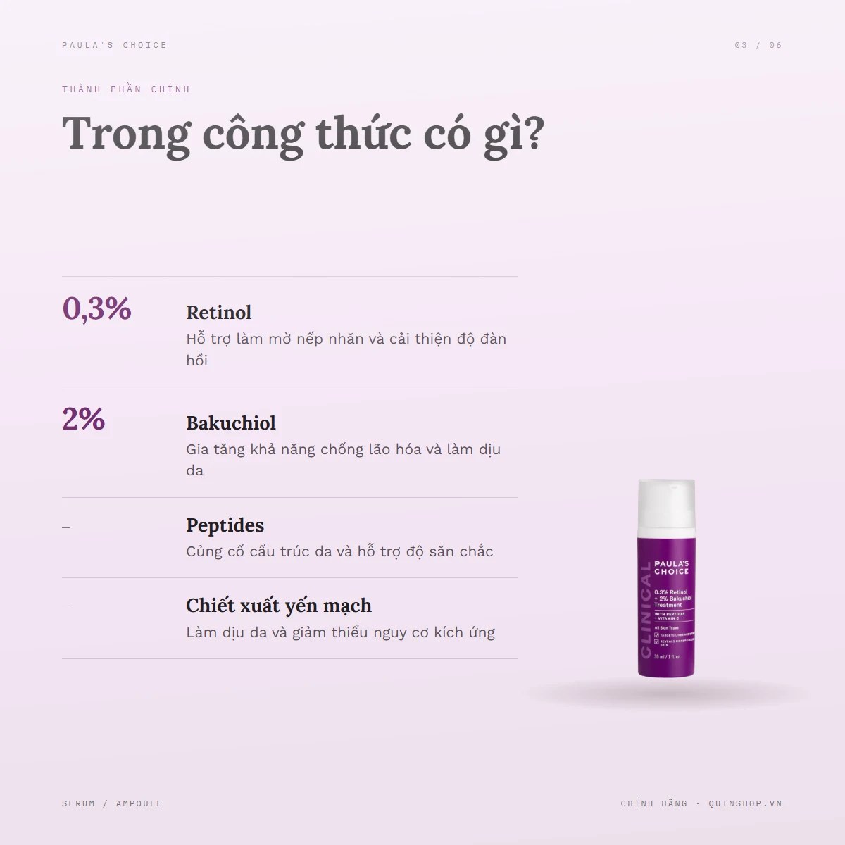 Tinh Chất Paula's Choice Clinical 0.3% Retinol + 2% Bakuchiol Treatment — Bảng thành phần có gì đáng chú ý?