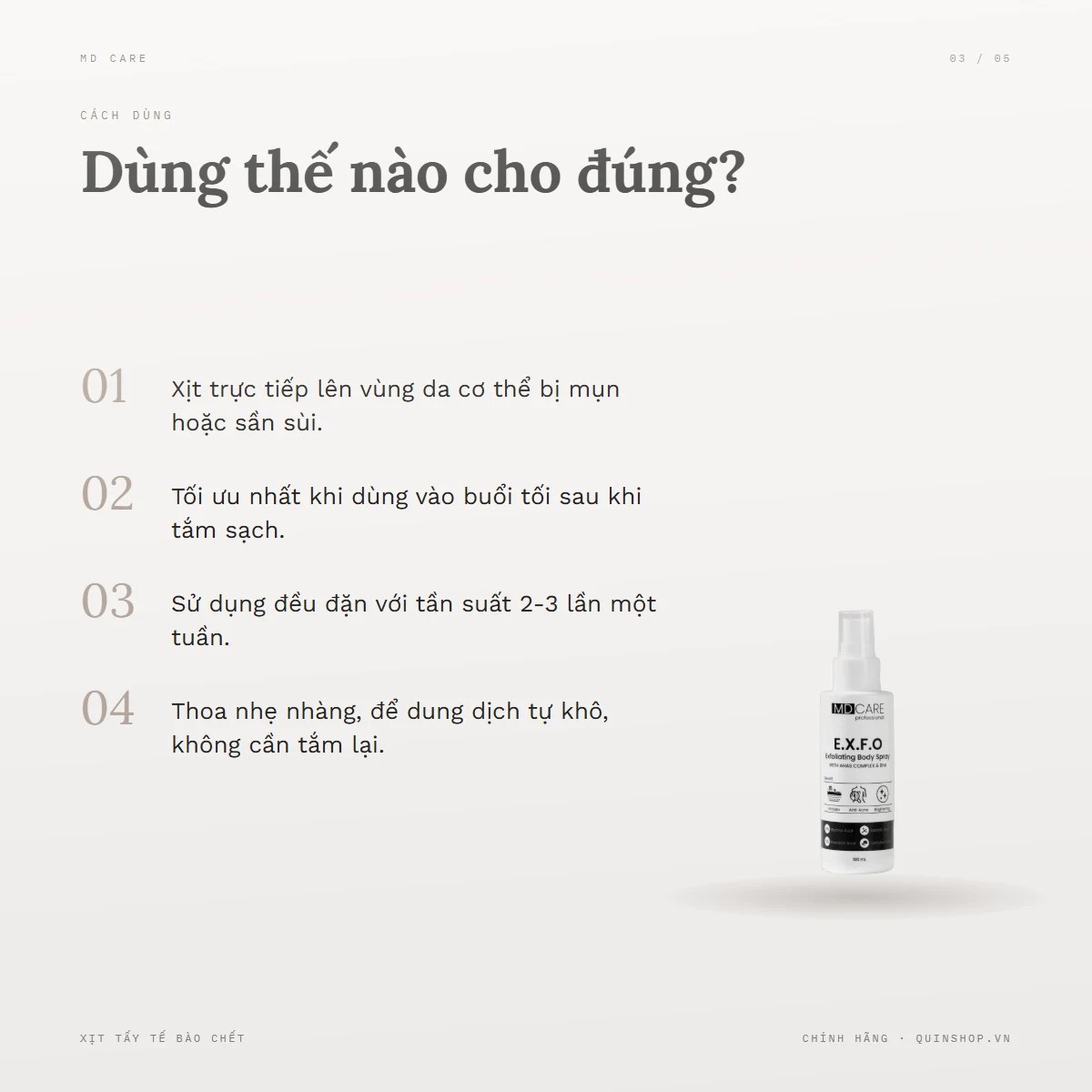 Xịt Tẩy Tế Bào Chết MD Care Exfoliating Body Spray — Dùng vào buổi nào và bao lâu một lần?
