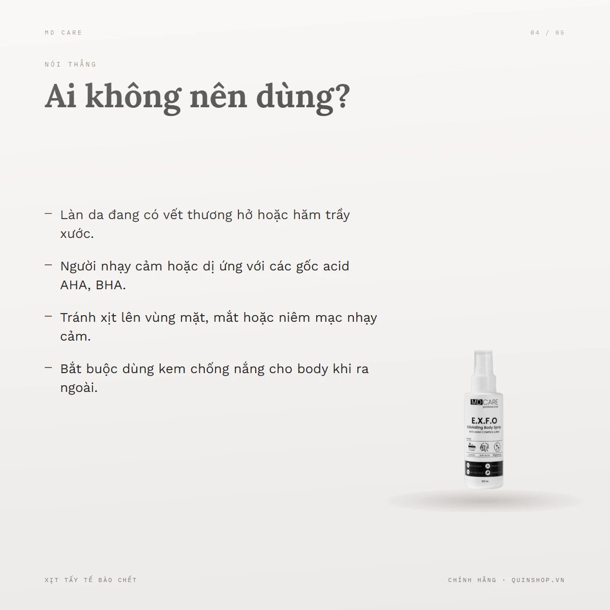 Xịt Tẩy Tế Bào Chết MD Care Exfoliating Body Spray — Ai không nên dùng sản phẩm này?
