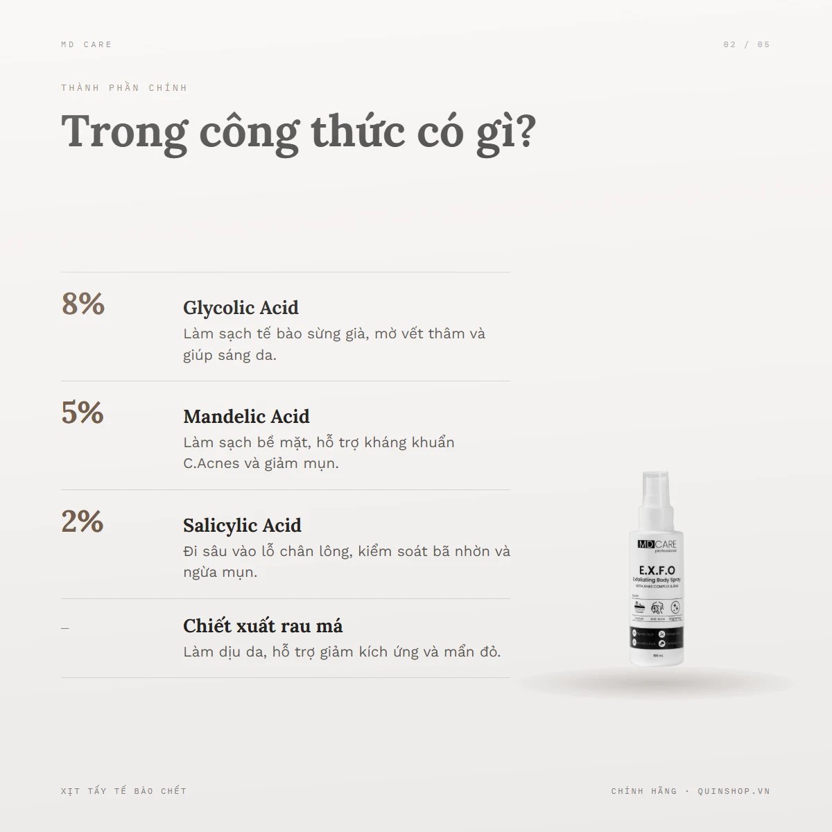 Xịt Tẩy Tế Bào Chết MD Care Exfoliating Body Spray — Bảng thành phần có gì đáng chú ý?