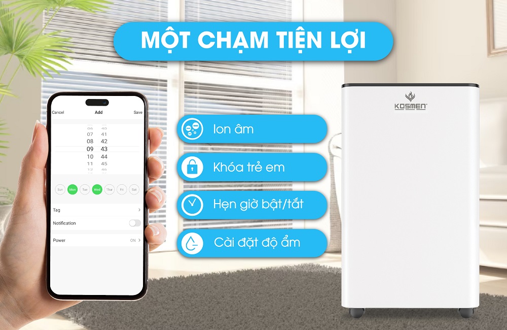 Kết nối wifi, vận hành trên app nhanh chóng với máy hút ẩm Kosmen KM-60S