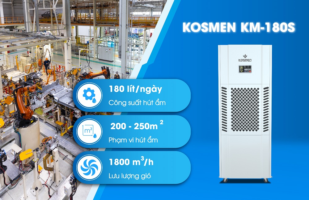 Máy hút ẩm Kosmen KM-180S có thiết kế hiện đại, thích hợp đặt trong khu vực sản xuất