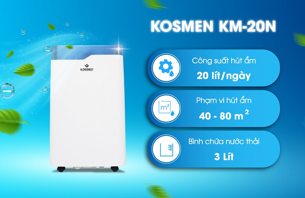 Máy hút ẩm Kosmen KM-20N đáp ứng cho mọi không gian trong gia đình