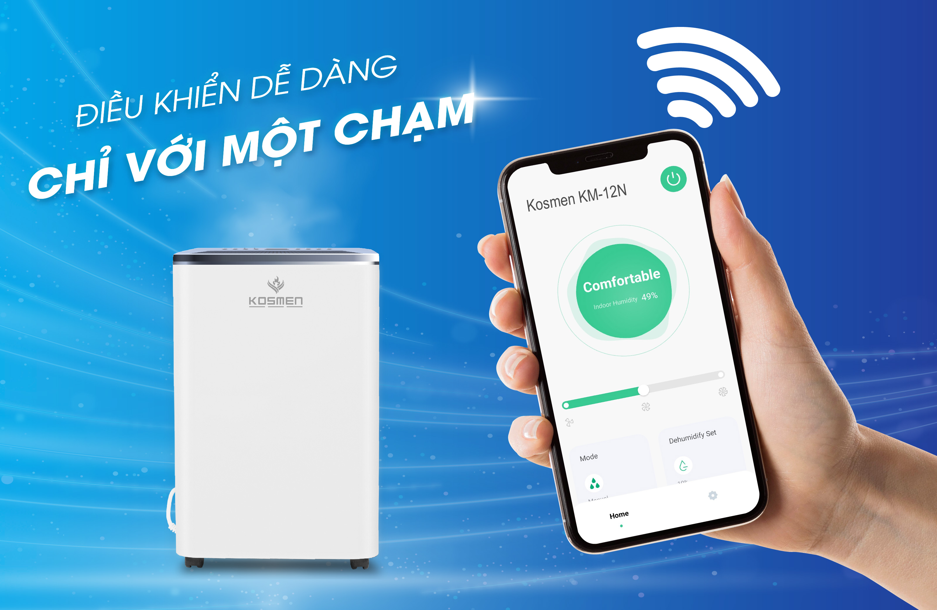 Vận hành từ xa, thao tác một chạm trên máy hút ẩm Kosmen KM-12N