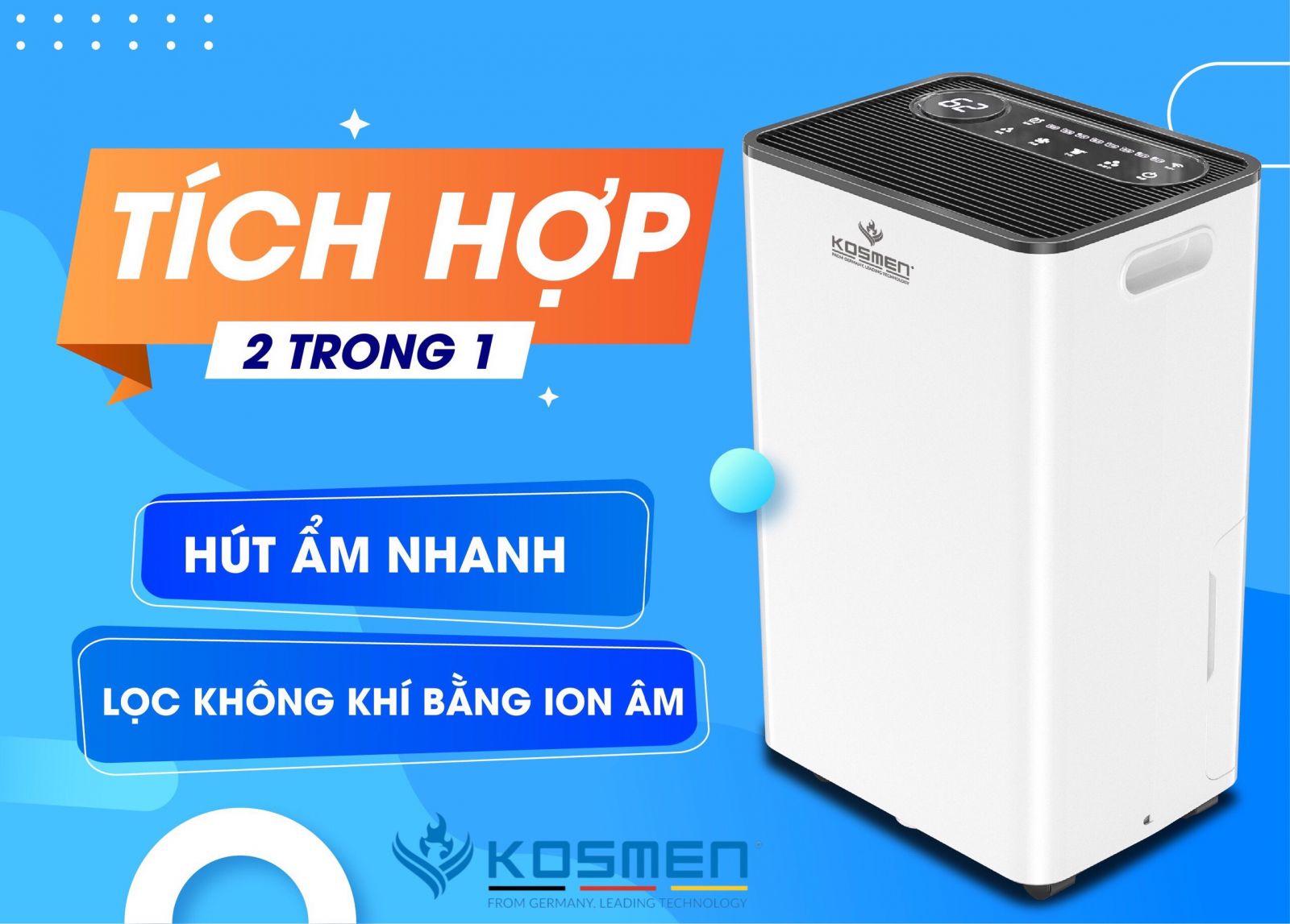 Máy hút ẩm Kosmen KM-60S tích hợp chế độ lọc không khí bảo vệ an toàn sức khỏe cho cả gia đình