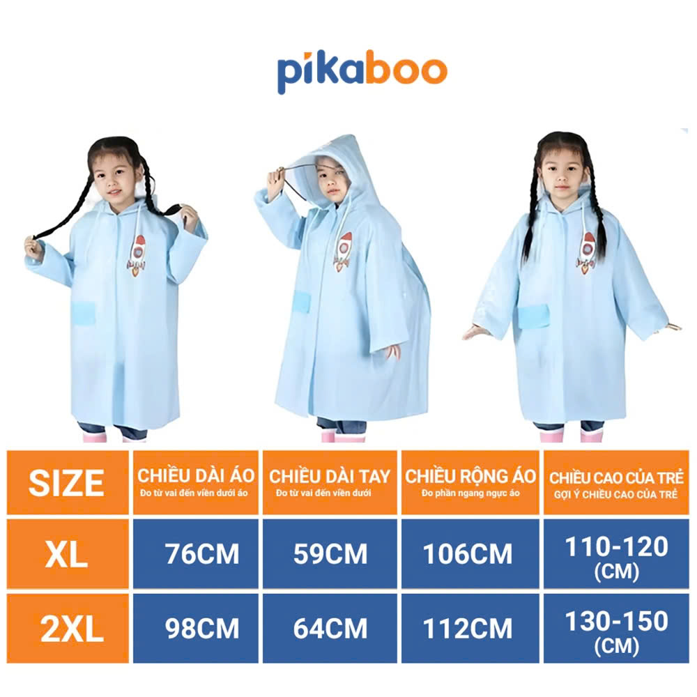 Áo mưa trẻ em cao cấp Pikaboo, chất liệu Eva dày dặn chống thấm nước tốt, họa tiết dễ thương cho bé