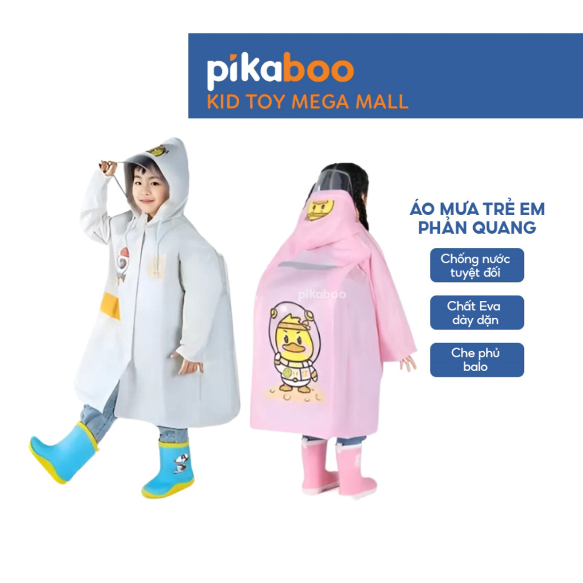 Áo mưa trẻ em cao cấp Pikaboo, chất liệu Eva dày dặn chống thấm nước tốt, họa tiết dễ thương cho bé