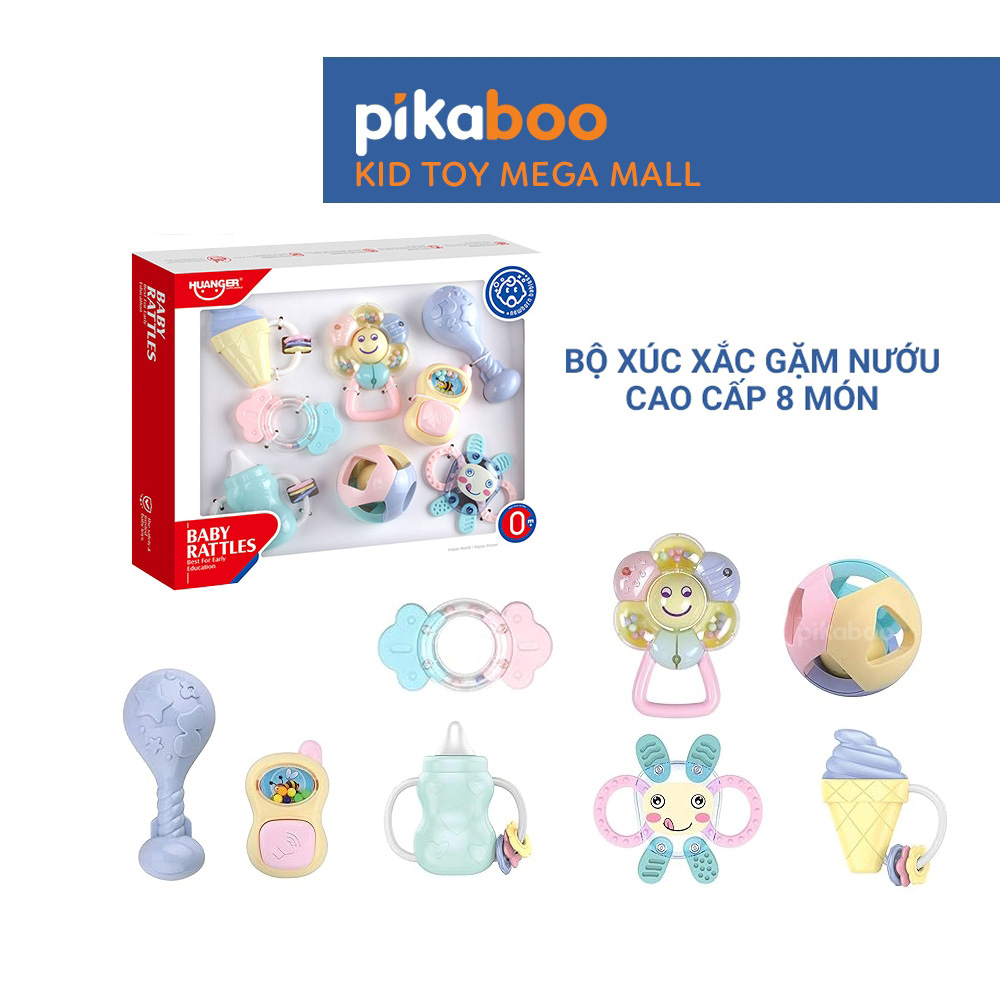 Bộ xúc xắc gặm nướu cao cấp 8 món Pikaboo, xúc xắc kết hợp silicone mềm cao cấp an toàn cho bé