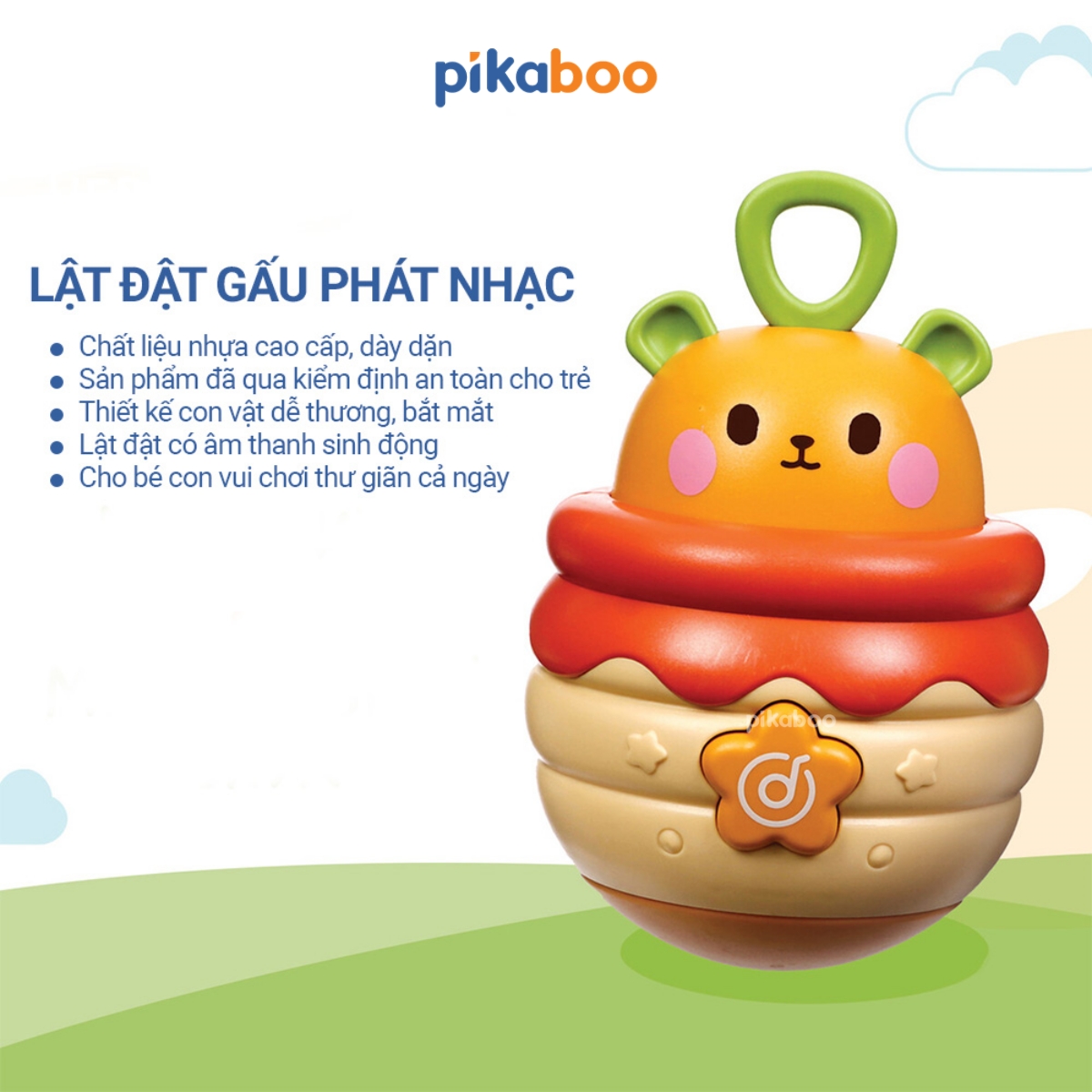 Đồ chơi lật đật gấu phát nhạc Pikaboo, có đèn sáng và âm thanh vui nhộn, chất liệu an toàn cho bé