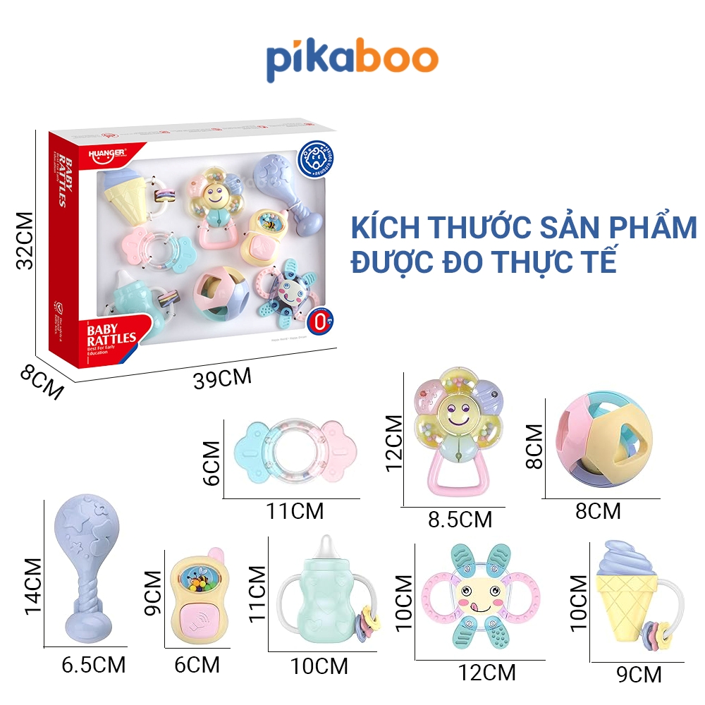 Bộ xúc xắc gặm nướu cao cấp 8 món Pikaboo, xúc xắc kết hợp silicone mềm cao cấp an toàn cho bé