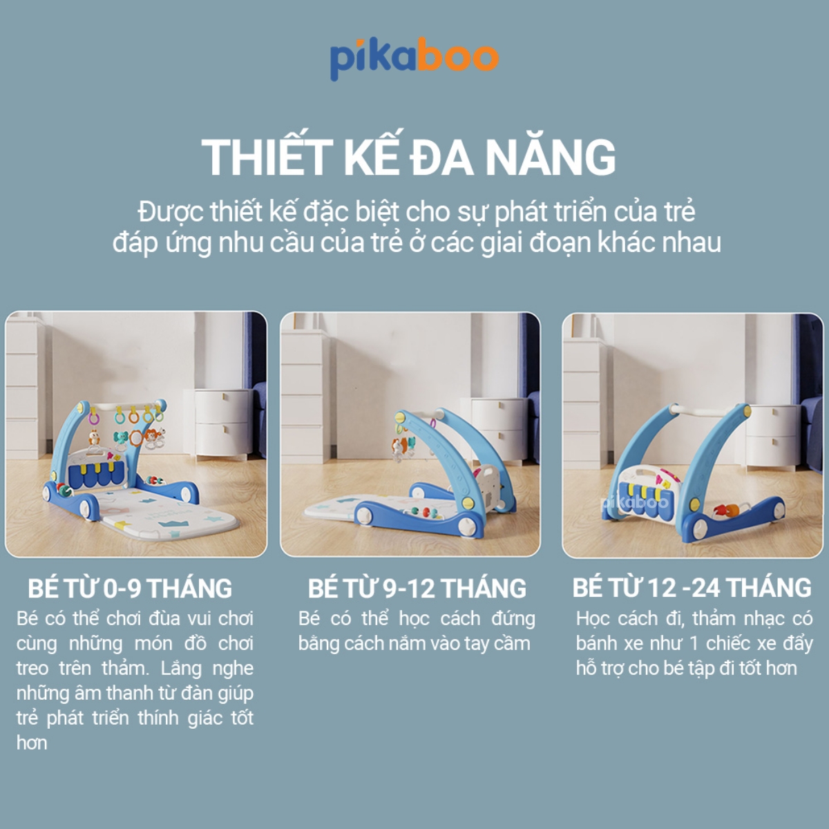 Đồ chơi thảm nhạc  2 trong 1 thảm nhạc kết hợp xe đẩy tập đi Pikaboo