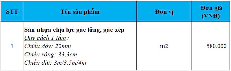 Bảng báo giá sàn nhựa PVC chịu lực dùng làm gác xép, gác lửng