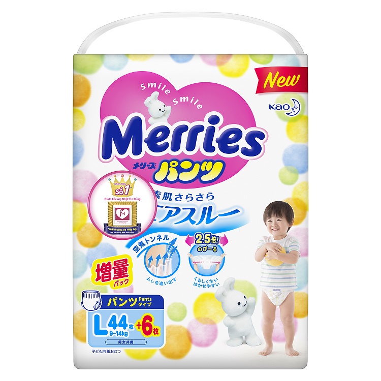 Bỉm - Tã quần Merries size L cộng miếng (44 + 6 miếng) (cho bé 9~14kg) –  thienduongtretho.com
