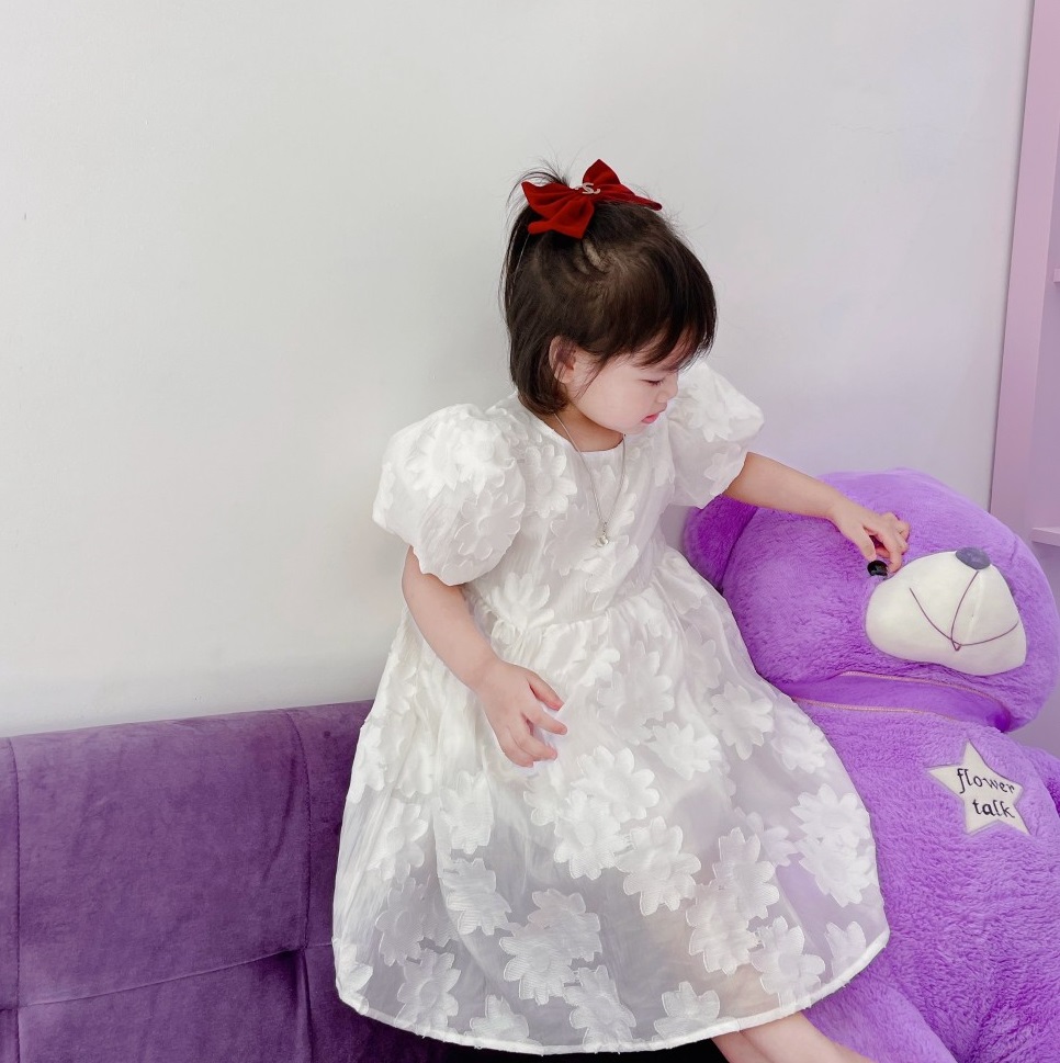 Quần áo bé gái: [33kg-44kg] Váy đầm kết hoa mùa hè cho bé gái vải cotton  hàng VN caro hồng tím