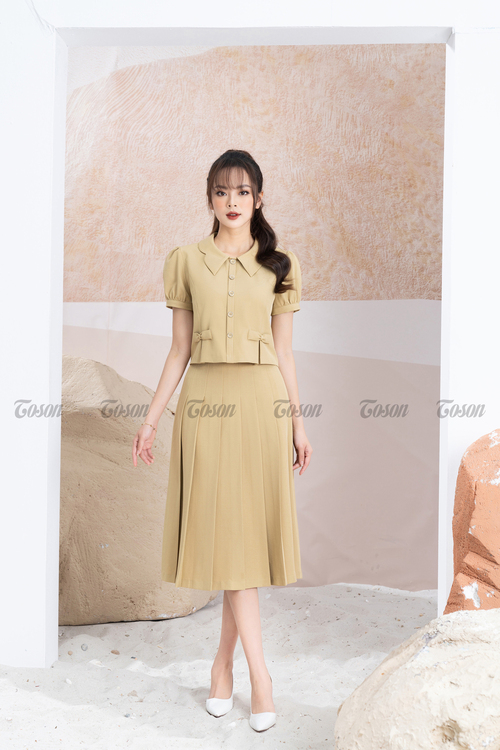 B1308P93  Set bộ tuýp si hồng đỗ Áo croptop đính nơ  CV xòe xếp ly  Limitted Thời trang nữ Toson