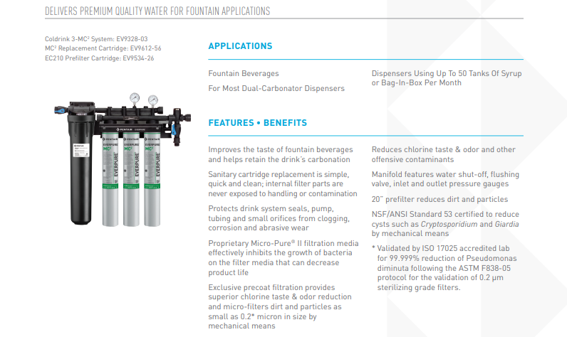 COLDRINK 3 MC2 FILTER SYSTEM MODEL Everpure EV9328-03 Coldrink 3 MC2 Filter System
