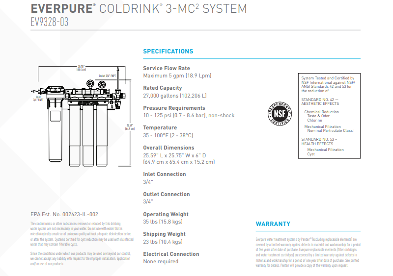 HỆ THỐNG LỌC NƯỚC COLDRINK 3 MC2 FILTER SYSTEM MODEL Everpure EV9328-03 Coldrink 3 MC2 Filter System