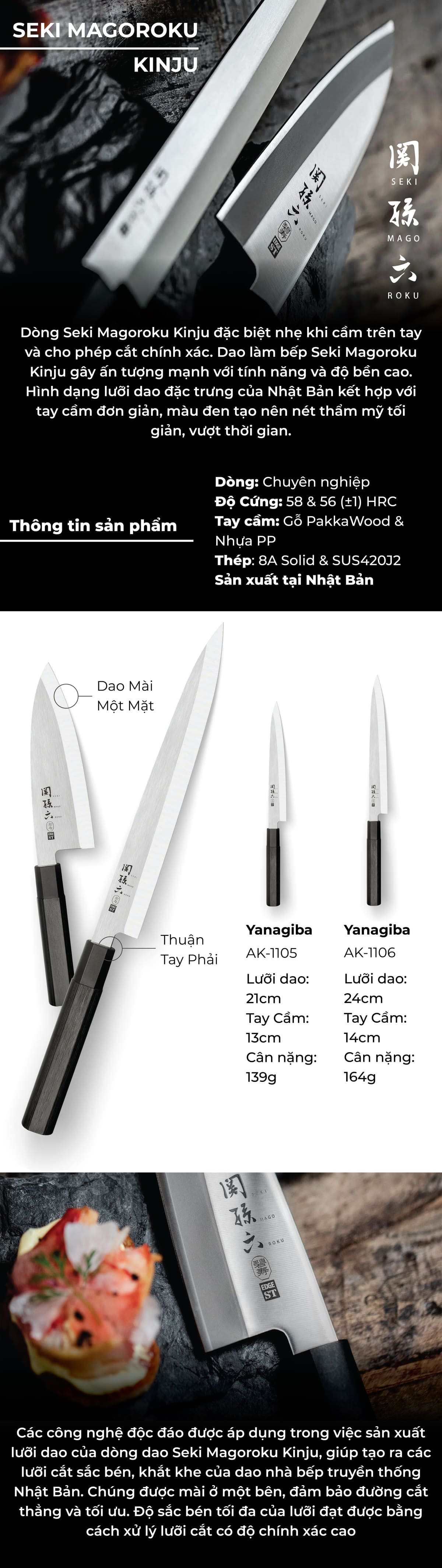 Dao Nhật KAI - Dao Sashimi Seki Magoroku Kinju - 24cm