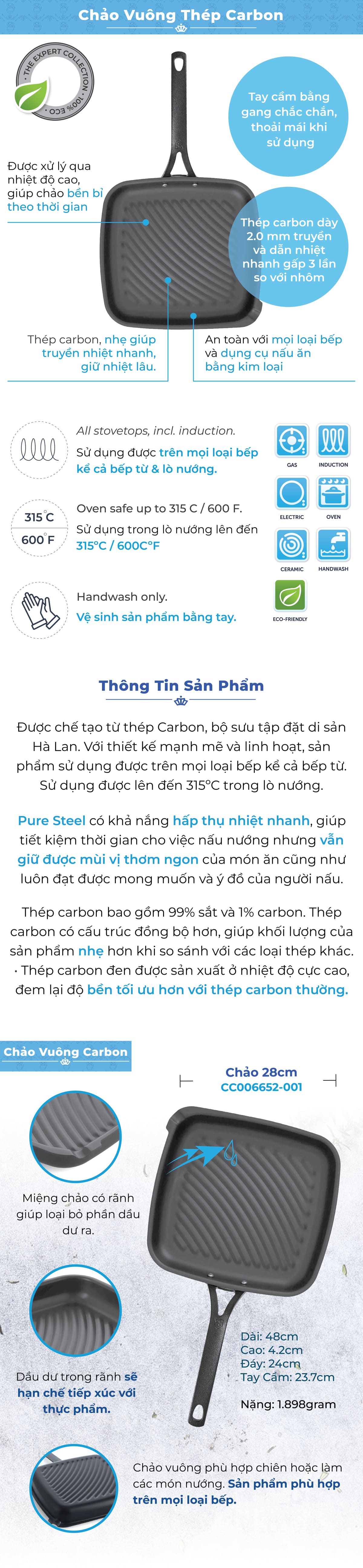 Chảo thép carbon BK - Chảo nướng hình vuông - 28x26cm