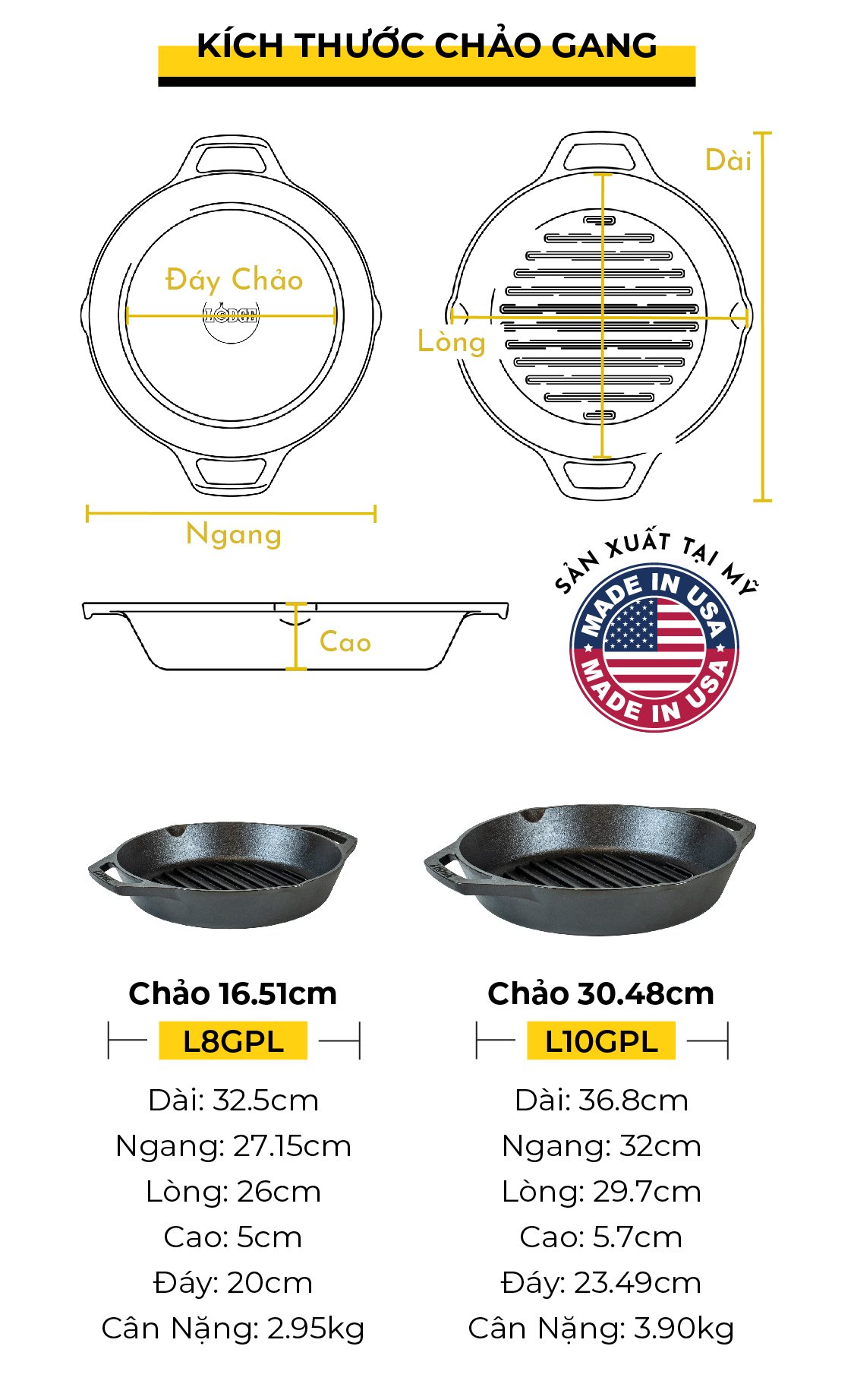 Chảo gang nướng LODGE hai quai - 26.04 cm