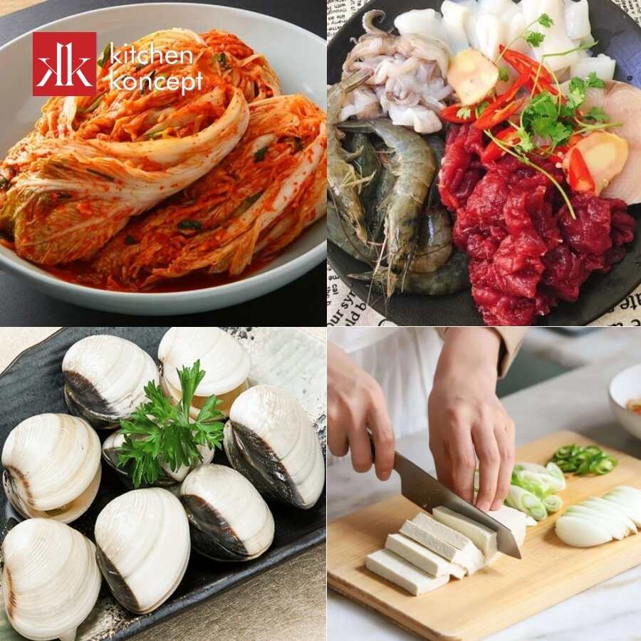 Nguyên liệu cho món canh kim chi hải sản