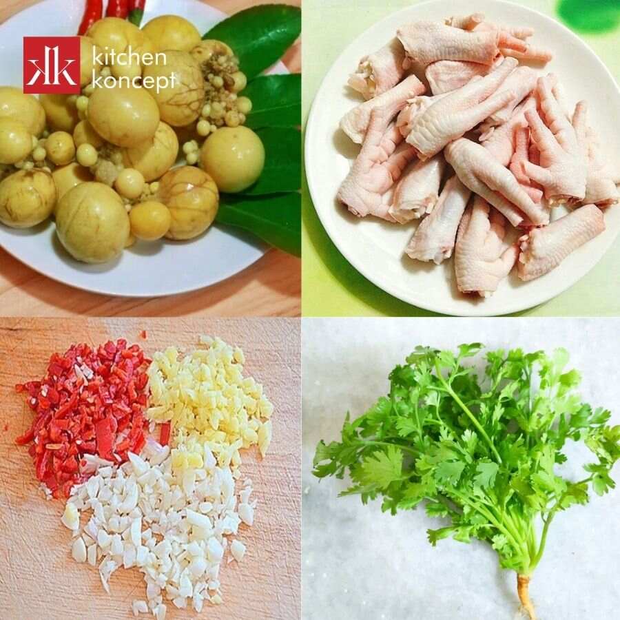 Nguyên liệu làm chân gà trứng non sốt thái