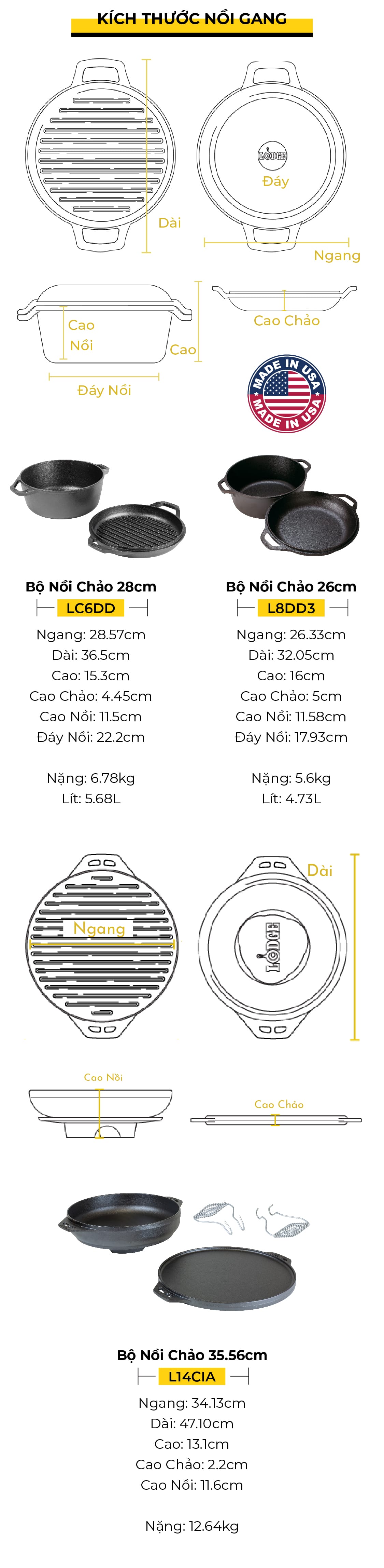 Bộ nồi chảo gang tròn LODGE - 26cm - 4.73L
