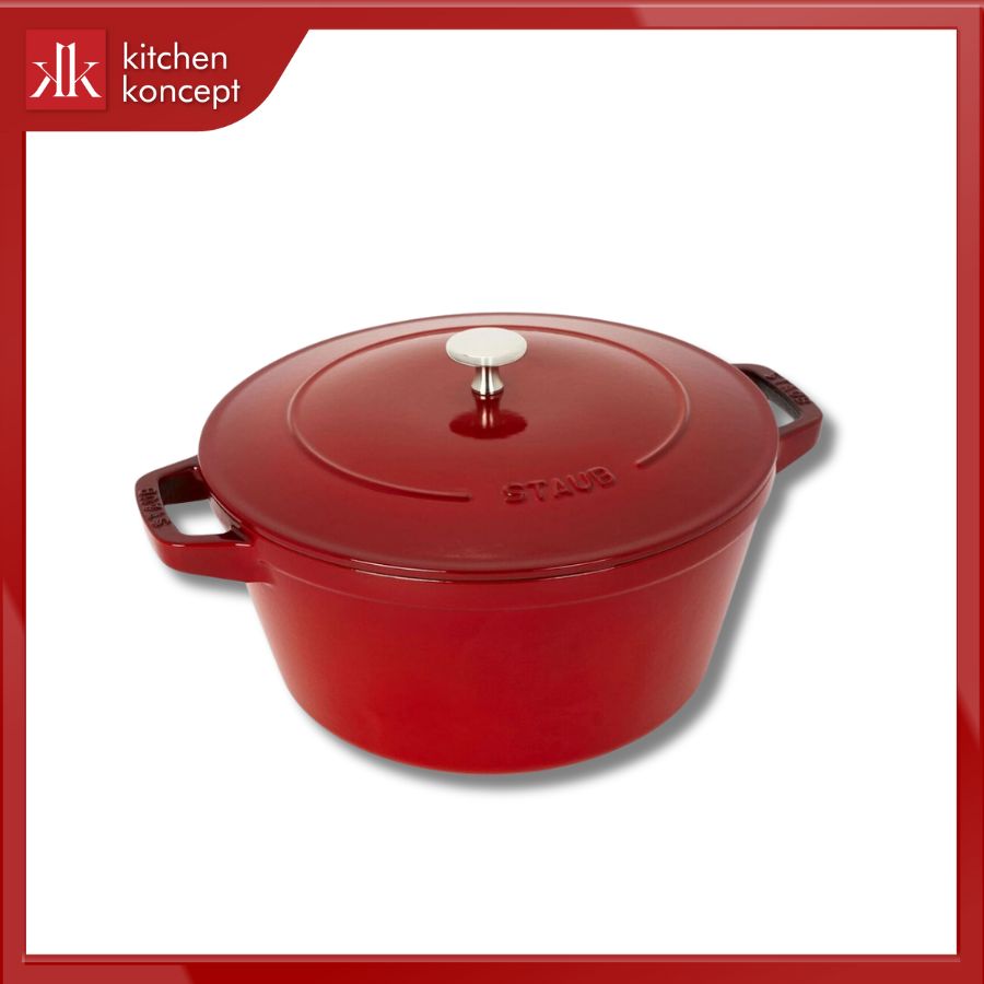 Nồi hầm gang và nắp STAUB màu đỏ cherry trong bộ 4 món