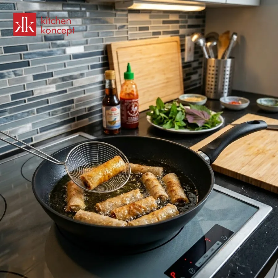 Chảo chống dính giúp chả giò vàng giòn, chín đều