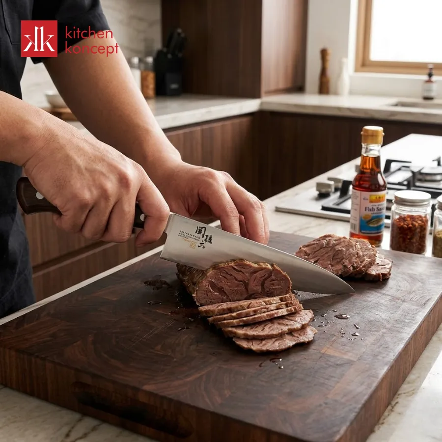 Sử dụng dao bếp sắc bén để thái bắp bò 