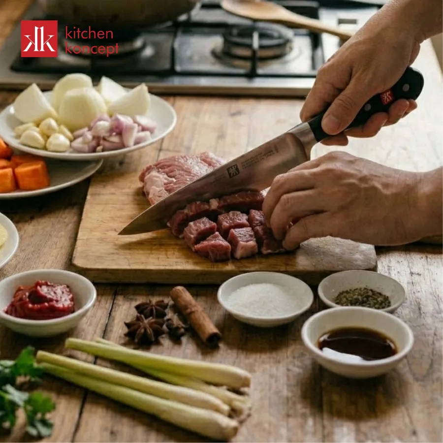 Thái thịt bò thành khối vuông vừa ăn 