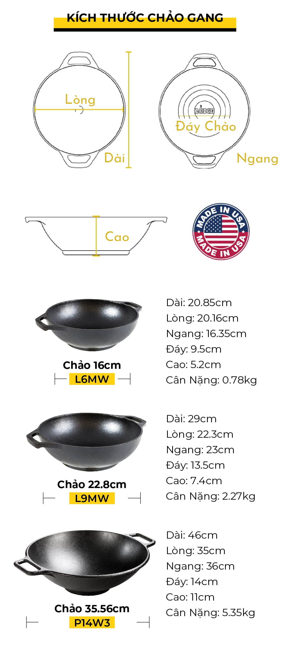 Chảo gang LODGE Wok