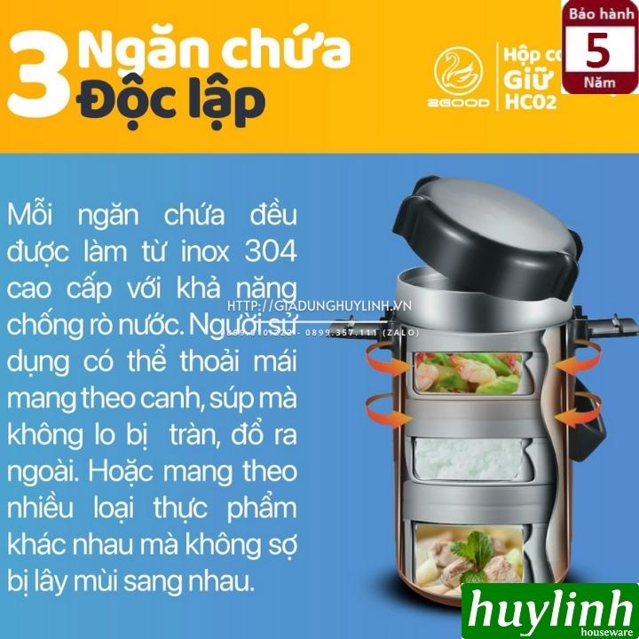 Hộp cơm giữ nhiệt 3 ngăn 2Good HC02 - 2 lít - Tặng túi xách 4