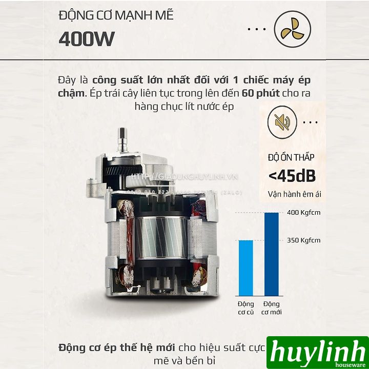 Máy ép chậm Olivo SJ189 - 400W + 3 lưới ép + Tặng voucher + Công thức ép - Bảo hành 10 năm 3