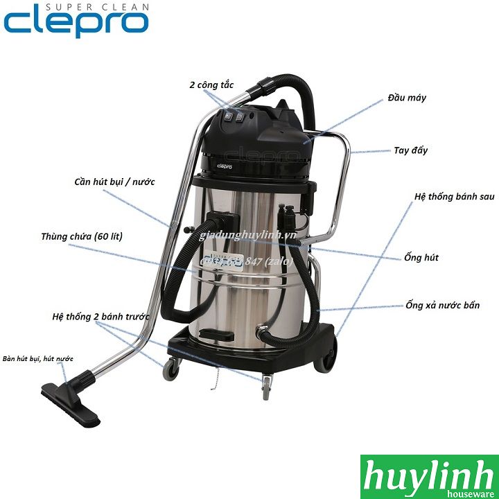 Máy hút bụi công nghiệp Clepro S2/60 - 60 lít - 2 motor 2