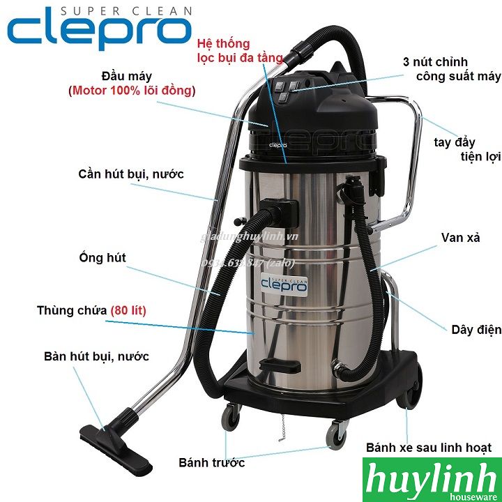 Máy hút bụi công nghiệp Clepro S3/80 - 3 motor - 80 lít 3