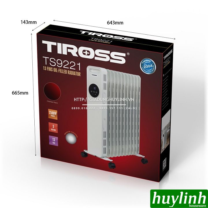 Máy sưởi dầu 13 thanh Tiross TS9221 - 2500W - Có Remote + Giá phơi 6