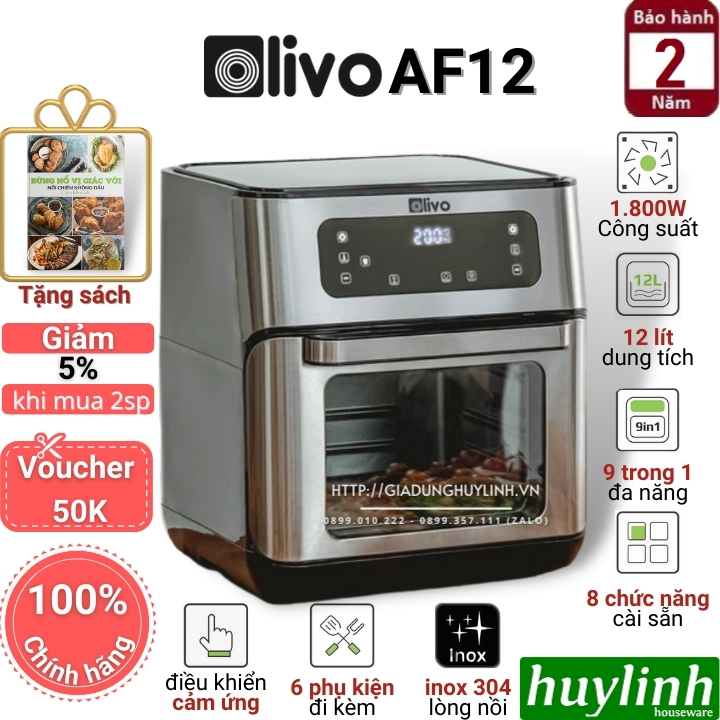 Nồi chiên không dầu điện tử Olivo AF12 - 12 lít - Tặng voucher + Sách HD nấu ăn