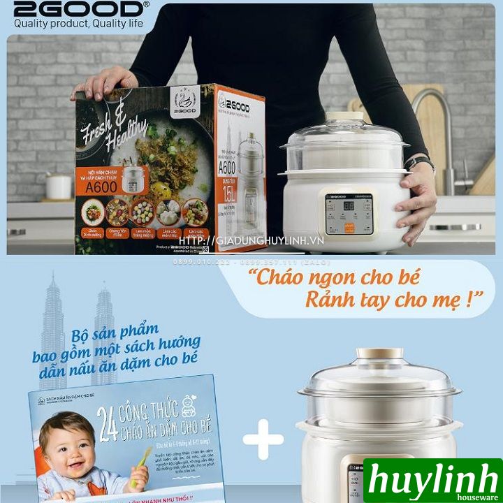 Nồi hầm chậm, chưng yến, nấu cách thuỷ 2Good A600 - 1.5 lít - 2 tầng 4