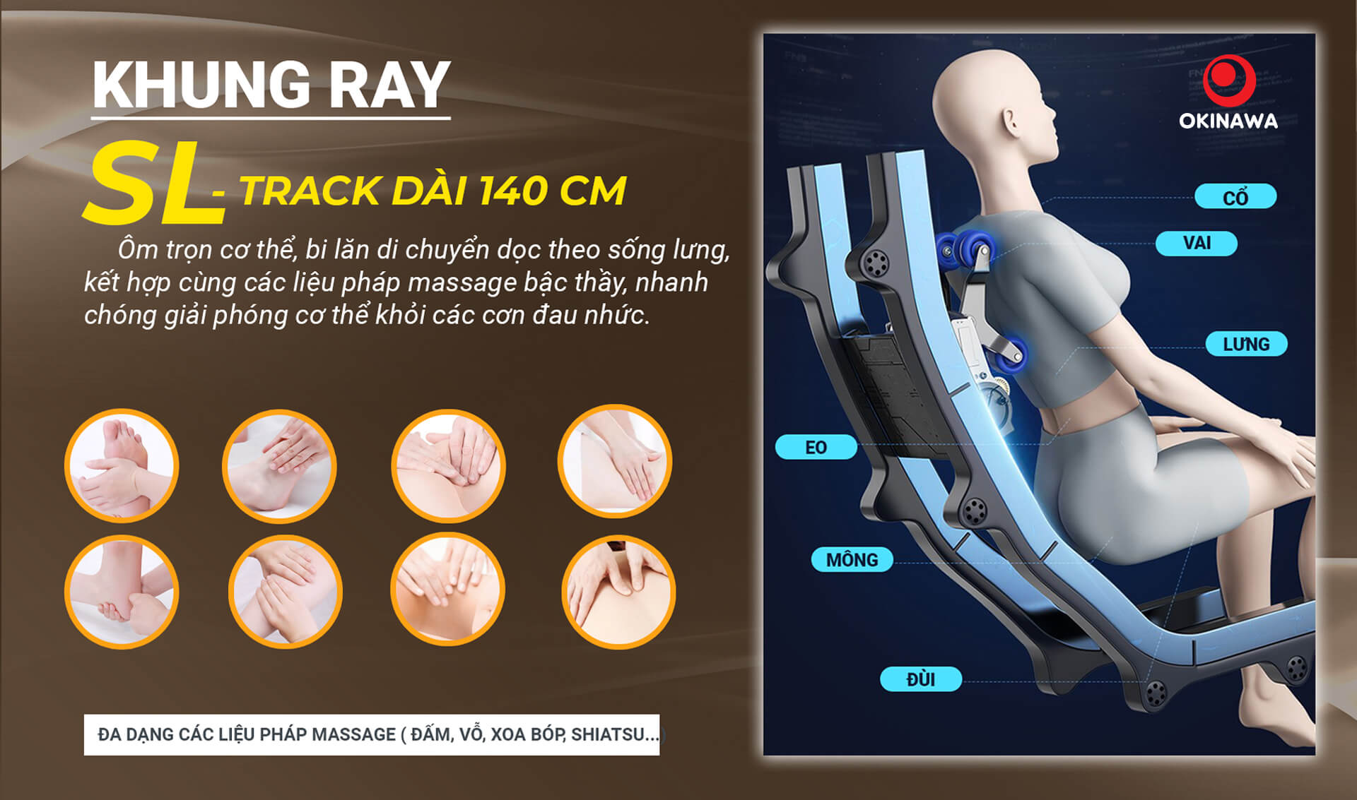 Ghế massage Okinawa OS-936 sở hữu khung ray SL siêu dài cùng con lăn 5D hiện đại