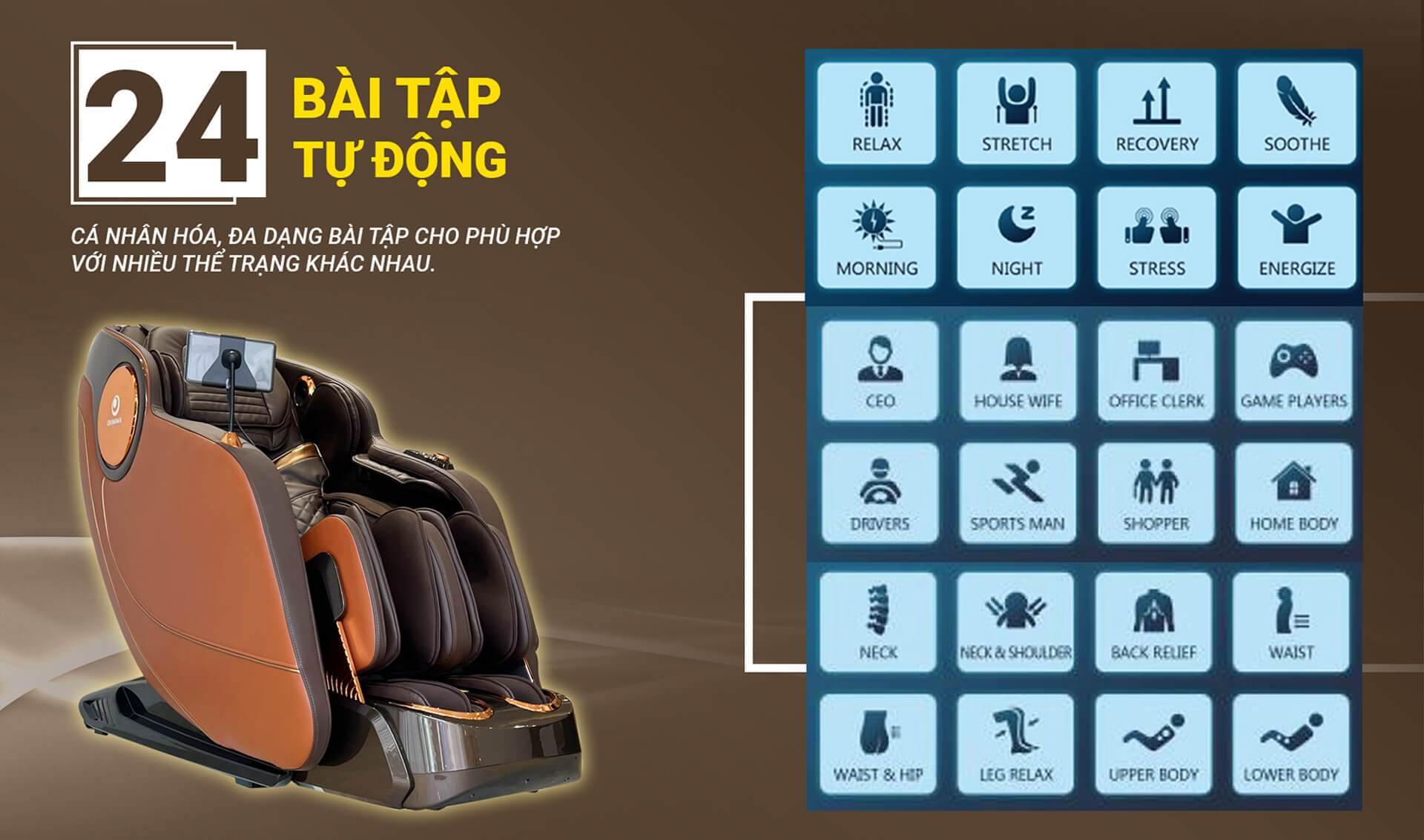 Ghế massage Okinawa OS-936 tích hợp 24 bài tập thích hợp cho nhiều đối tượng 
