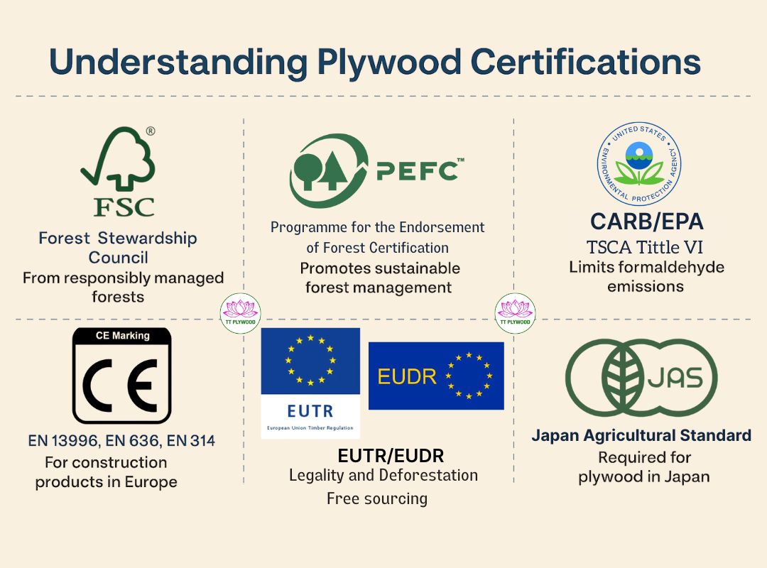 Plywood Certifications Explained: FSC, PEFC, CARB/EPA, CE, EUTR/EUDR, JAS, and Global Market Requirements